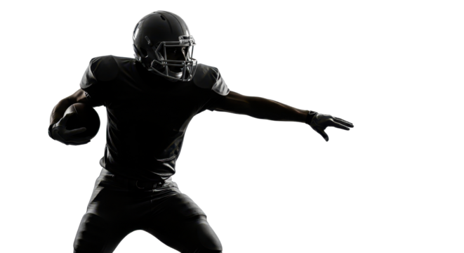 Silhouette of American football quarterback throwing ball on white background