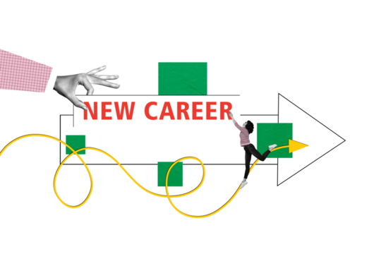 Composite photo collage of astonished girl receive new vacancy arrow hand proposal cv resume pointer isolated on painted background