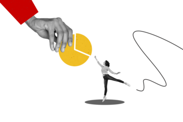 Creative picture collage young ambitious woman infographic stats circle part human hand touch ballerina dancer drawing background