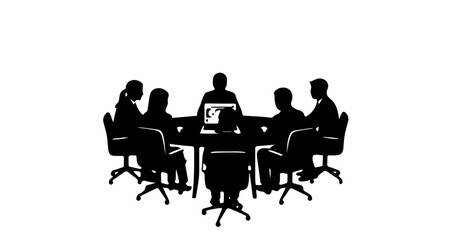 Business team collaborating around a conference table, brainstorming ideas and strategizing for success with laptop display