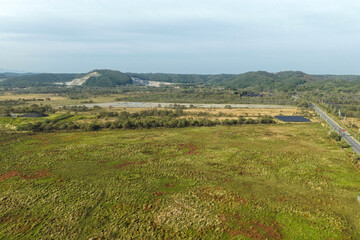 Aerial view of a large solar power plant construction site near Kushiro Wetland, Hokkaido, Japan – Editorial Use Only