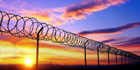 A barbed wire fence silhouetted against a vivid sunset sky- representing security and boundaries.