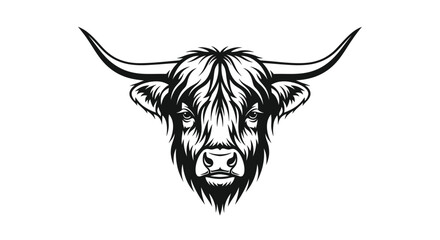 Black and white highland cow head logo design Keywords: cow, bull, cattle, animal, highland