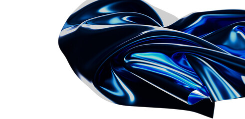 A vibrant abstract image of flowing blue silk fabric against a white background. The texture and...