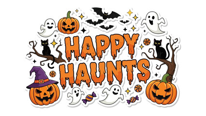 Happy Haunts: Spooky Halloween illustration with pumpkins, bats, ghosts and cats. Embrace the eerie ambiance of the most festive holiday