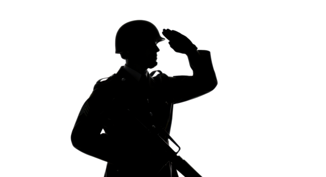 Silhouette of a Soldier saluting with rifle isolated PNG with Transparent Background