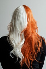 Naklejka premium Back view of a person with long wavy split dyed hair half white and half vibrant orange