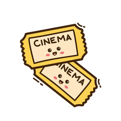 Two Yellow Cartoon Cinema Tickets with Smiling Faces in Doodle Style Illustration on Transparent Background