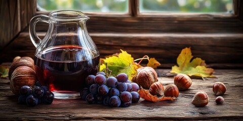 A rustic wooden table adorned with chestnuts- grapes- and a jug of red wine- evoking a warm- autumnal harvest setting.