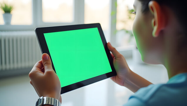 A woman using a modern tablet with green screen for digital content. The tablet's interface gleams with a vibrant green screen, beckoning towards endless digital opportunities. 