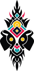 Intricate modern abstract geometric totem vector design in black, yellow, pink, and turquoise, symbolizing cultural art, ethnic patterns, spiritual tribal masks, and decorative logo elements.