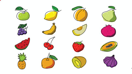 Vibrant collection of hand-drawn tropical and orchard fruits