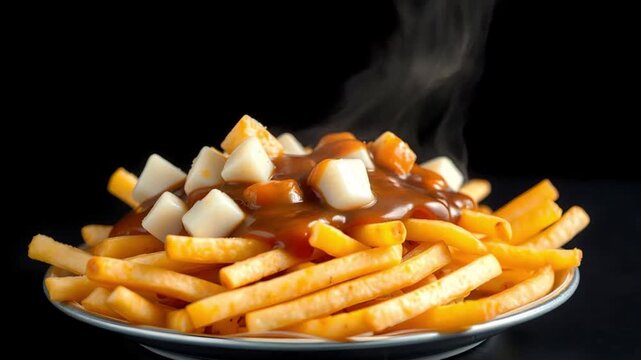 Delicious poutine served steaming with golden fries, savory sauce, and creamy cheese topping. A tempting representation of indulgent street food and culinary satisfaction.