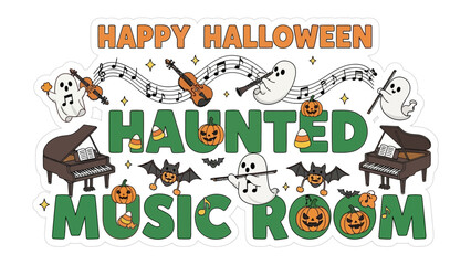 Haunted Music Room Halloween Decor: Festive design that includes playful elements, such as ghosts, pumpkins, musical notes, and instruments.