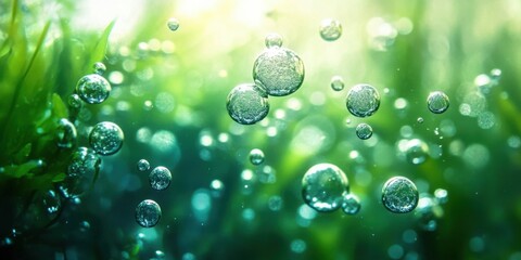 Close-up of green spirulina algae suspended in water with bubbles- showing effervescent growth and natural beauty in an underwater environment.