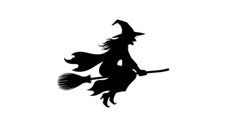 Black silhouette of witch on broom for Halloween holiday isolated PNG with Transparent Background