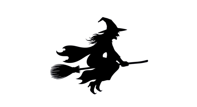 Black silhouette of witch on broom for Halloween holiday isolated PNG with Transparent Background - Powered by Adobe
