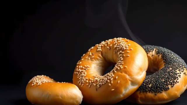 Freshly baked sesame bagels steaming with warmth and golden perfection. Perfect for breakfast moments, bakery displays, and delicious food photography scenes.