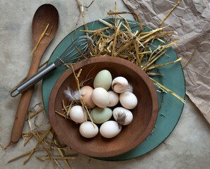 Bantam Egg Still Life with Feathers in Wooden Bowl