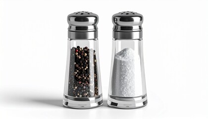 A realistic salt and pepper grinder set made of transparent acrylic with visible granules isolated on white background
