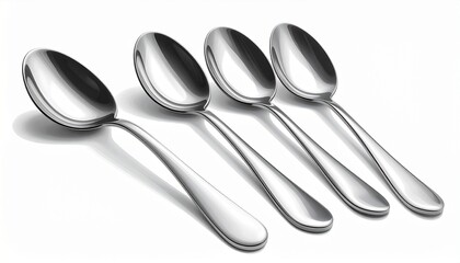 A realistic stainless steel serving spoon set with polished curved heads and reflections isolated on white background
