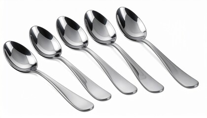 A realistic stainless steel serving spoon set with polished curved heads and reflections isolated on white background
