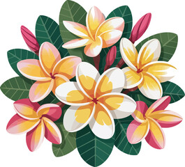 Tropical plumeria flower arrangement vibrant blossoms lush green leaves exotic floral design