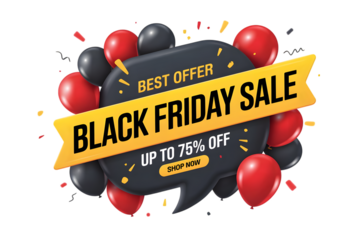 Black friday sale banner with balloons and discount offer isolated on transparent background