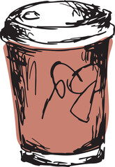 A glass drawn with black lines and a brush in the style of a pencil sketch, colored in coffee color