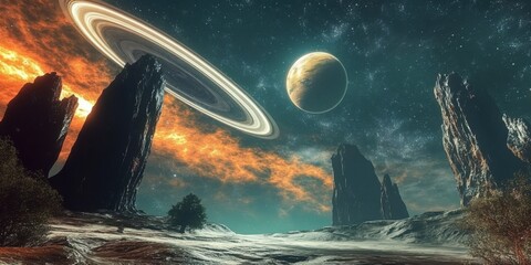 A stunning sci-fi landscape of an alien planet with towering cliffs- a ringed planet in the sky- and a starry night background.