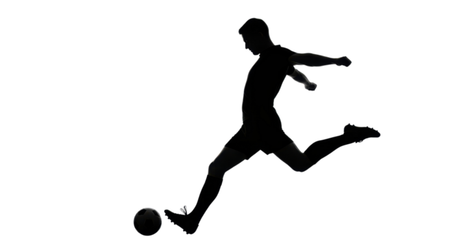 Silhouette of soccer player kicking ball isolated PNG with Transparent Background