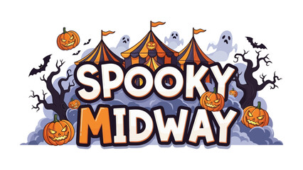 Spooky Midway: A vibrant and festive illustration captures the essence of Halloween, featuring a whimsical midway scene complete with pumpkins, ghosts, and spooky tents.
