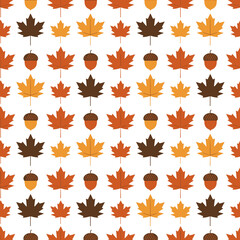 Autumn pattern of colorful leaves and acorns on white background seamless  