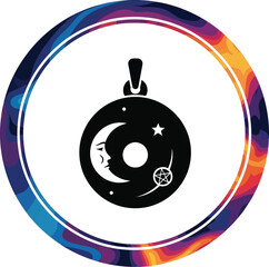 Mystical black pendant illustration with crescent moon, stars, and pentagram symbol set within a vibrant, abstract, colorful circular frame.