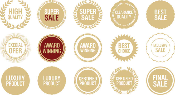 Assortment of fifteen different sale and quality guarantee badges seals
