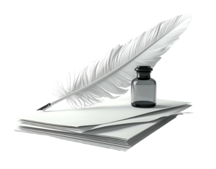 Feather pen and inkwell on paper