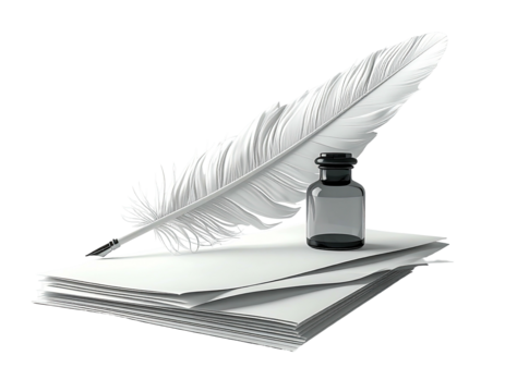 Feather pen and inkwell on paper