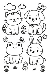 Cute cartoon animals including cat, dog, frog, and rabbit surrounded by flowers and butterflies