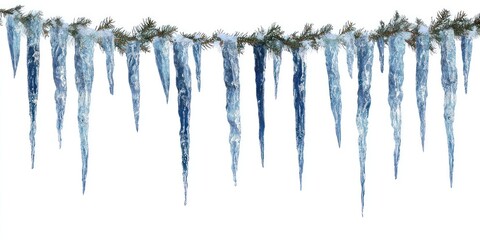 Icicles hanging from pine branches.
