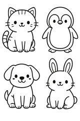 A charming collection of cartoon animals, each with a distinct look and style, radiating an innocent vibe. Featuring a kitten, penguin, puppy, and bunny
