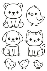 A collection of cute cartoon animals: a bear, a bird, a dog, a cat and more. This charming illustration is perfect for children's projects