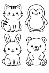 A collection of adorable cartoon animals, including a cat, penguin, rabbit, and bear. These cute illustrations are perfect for children's projects