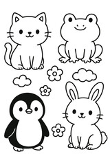 A delightful collection of cartoon animals, including a cat, a frog, a penguin, and a rabbit, along with some playful clouds and flowers