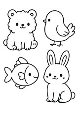 Adorable cartoon animals: bear, bird, fish, and rabbit in a playful arrangement. The cute creatures are drawn in a simple, line art style