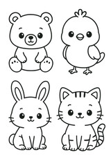 Four adorable cartoon animals: bear, chick, rabbit, and kitten, each with a friendly expression, perfect for children's designs