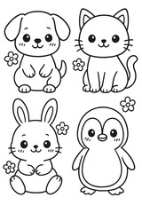 Adorable illustrations of a dog, cat, rabbit and penguin. Each animal is depicted with a cute and friendly appearance. 