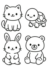 A charming collection of adorable cartoon animals: a cat, a turtle, a rabbit, and a bear