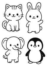 An adorable cartoon featuring a cat, bunny, elephant, and penguin. They are drawn in a cute style, with a simple yet expressive design.