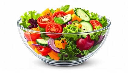 A realistic glass bowl filled with colorful salad, fresh vegetables visible isolated on white background

