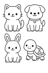 Adorable cartoon animals: cat, dog, rabbit, and turtle, each showcasing a cute, simple design with smiling faces.
